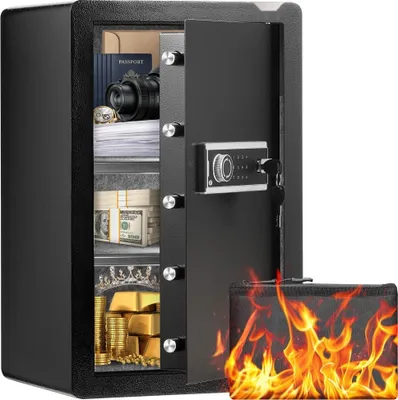 Produktbild von Einzeltür-Safe Möbeltresor mit Schlüsselschloss und Passwort - 40x35x63 cm - Schwarz - Doppeltes Alarmsystem - Höhenverstellbare Trennwand - Anti-Bewegungs-Design