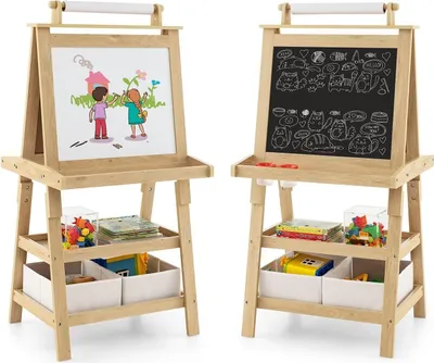 Produktbild von COSTWAY 3 in 1 Kinder Staffelei, Kindertafel doppelseitig, Whiteboard & Kreidetafel & Zeichenpapier, Standtafel inkl. Magneten, 2 Regalebenen Holztafel mit 2 Aufbewahrungsboxen (Natur)