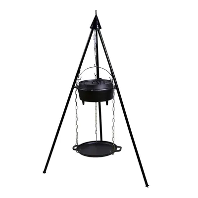Produktbild von Premium 7‑tlg. BBQ Dutch Oven Tripod-Set 7,5 l – Gusseisen-Feuertopf inkl. Deckelheber, Dreibein, Pfanne & Grillrost in Holzkiste - ideal als Geschenk