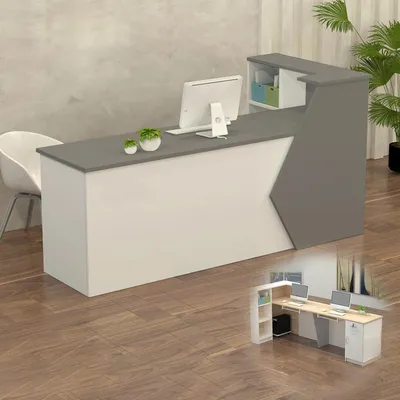 Image de Comptoir de réception, comptoir d'accueil, guichet de en bois avec espace de rangement, dimensions 260x60x100 cm, couleur gris/blanc