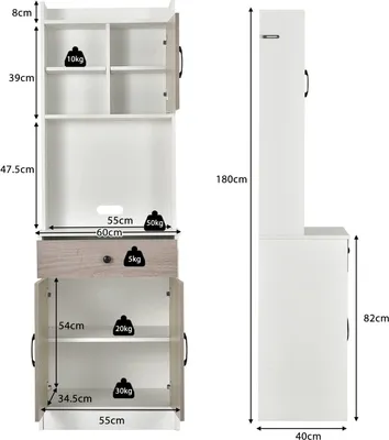 Immagine prodotto di COSTWAY Armadio da cucina in legno da 180 cm con cassetto, ripiani regolabili e foro per cavi, ampio spazio aperto per microonde, a libera installazione, 60 x 40 x 180 cm Bianco
