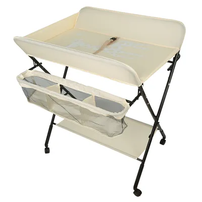 Produktbild von Baby Wickeltisch Mobile Klappbar Wickelkommode mit Aufbewahrungskorb Abschliessbaren Rädern Höhenverstellbarer Creme farbe