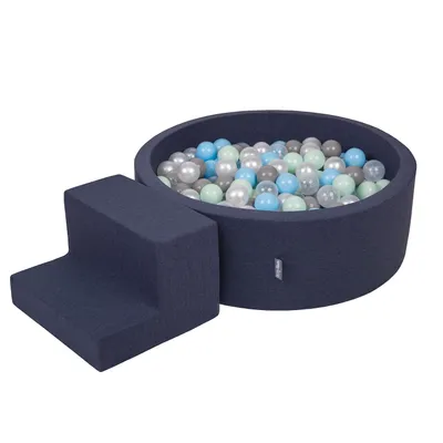Obrázok produktu pre KiddyMoon Mäkké penové ihrisko pre deti s guľatým loptičkovým ihriskom (100 ∅ 7 cm) s mäkkými prekážkami a loptičkovým bazénom,  vyrobené v EÚ, Tmavomodrá:Perla/Grey/Transparentné/Babyblu