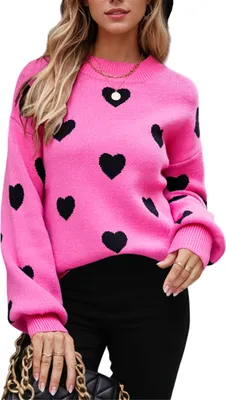 Image de ASKSA Pulls Femme Col rond Cœur Graphique Pulls Tricotés Manches Longues Hiver Pulls Tricotés Casual Imprimé Cœur (Rose,XL)