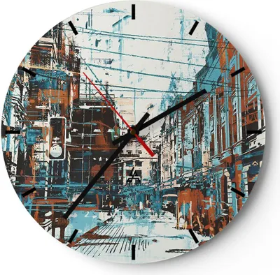 Produktbild von Wanduhr - Rund - Glasuhr - Stadt Straße Haus - 40x40cm - Schleichendes Uhrwerk - Lautlos - zum Aufhängen bereit - Dekoration Modern - Wanddekoration aus Glas - C3AR40x40-3806