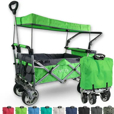 Produktbild von IMLEX Bollerwagen faltbar mit Dach IM-4268 Grün | Hohe Stabilität, 1X 3-Punkt Gurtsystem | Handwagen klappbar mit Schiebegriff ideal für 2 Kinder