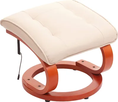 A cream-colored ottoman with a wooden base.