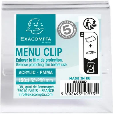 Produktbild von Exacompta - 88558D - 1 Kartenhalter/Menü Clip Größe S (Breite 50 mm) - für DIN A7 - aus PMMA (Acryl) hochtransparent - zum Aufstellen auf Tisch, Schreibtisch oder Regal - Farbe Kristall