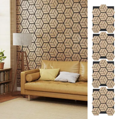 Image de COSTWAY Panneaux acoustiques, lot de 4, panneaux muraux autocollants aspect bois, revêtement mural avec isolation phonique, décoration murale DIY, panneaux insonorisants 81 x 66 cm