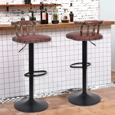 Image de WISFOR Lot de 2 tabourets de bar Chaises de bar avec dossier, bien rembourrées, réglables en hauteur, pivotantes, cuir, marron