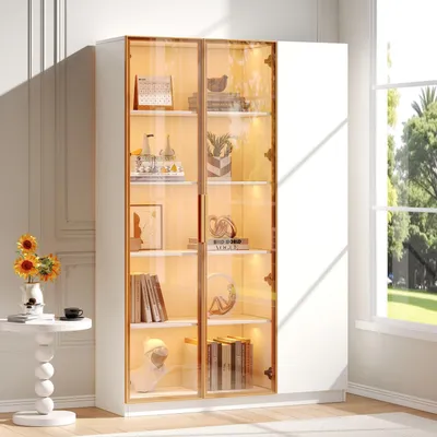 Obrázok produktu pre Sklenená vitrína, 110 x 35 x 165 cm, biela, s LED osvetlením a 3 dvierkami
