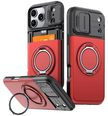 Obrázek produktu pro Pouzdro pro iPhone 17 Pro Max, Přihrádkou na karty, posuvným krytem fotoaparátu, kroužkovým stojánkem Červená