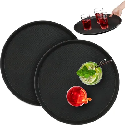 Produktbild von Relaxdays Serviertablett 2er Set, rund Ø 40 cm, Bartablett, rutschfeste Oberfläche, Kellnertablett Gastronomie, schwarz