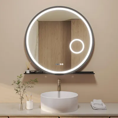 Produktbild von Badezimmerspiegel Runder LED Badspiegel mit Beleuchtung 80 cm - Wandspiegel mit Uhr, 3-fach Vergrößerung, beschlagfrei, Kaltweiß 6400K