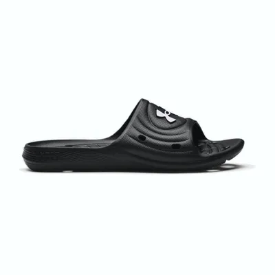 A single black Under Armour slide sandal is shown from a side view against a white background.