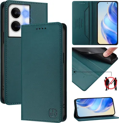 Image de Etui en cuir pour Oppo Reno9 / Reno9 Pro, étui à rabat avec fentes pour cartes, portefeuille et support Vert foncé