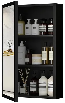 Image de Armoire miroir - Meuble de salle de bain - 3 étagères - Acier inoxydable et verre - 40 x 12 x 60 cm - Noir