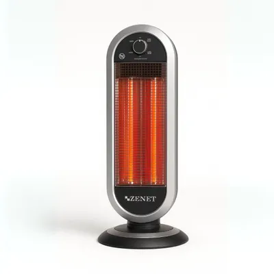 A studio shot of a black and silver infrared heater with glowing red heating elements, set against a white background.