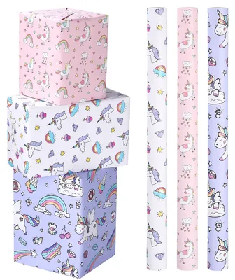 Produktbild von heuchaey Einhorn Geschenkpapierrollen, 3 Rollen 43 x 300cm Geschenkpapier – Einhorn/Rosa,Violett,Weiß
