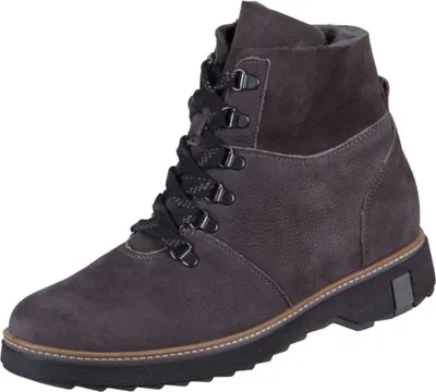 A single gray leather boot with black laces is shown against a white background.