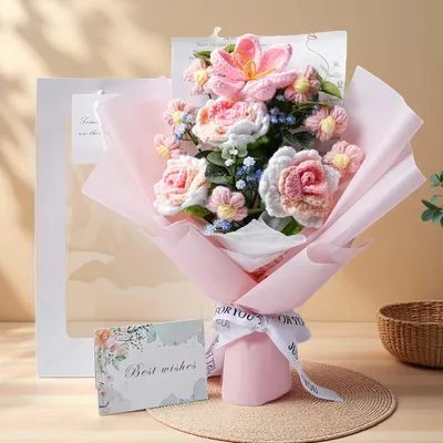 Produktbild von Gehäkelter Blumenstrauß, Blumenstrauß Künstlich - Rosen und Gänseblümchen als Geschenk für Liebhaber, Familie und Freunde