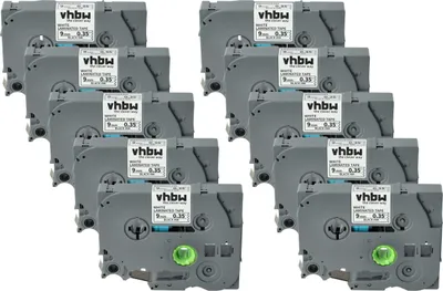 Produktbild von vhbw 10x Schriftband-Kassette kompatibel mit Brother PT H100R, P700 Etiketten-Drucker 8m x 9mm Schwarz auf Weiß