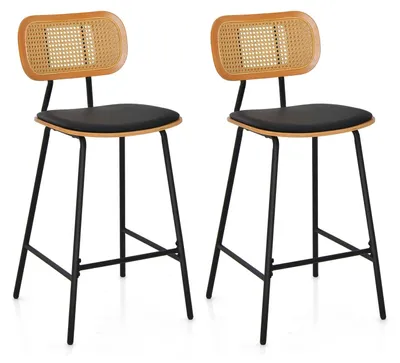 Productafbeelding van FANTASK Set van 2 barkrukken, met rieten rugleuning en beklede zitting