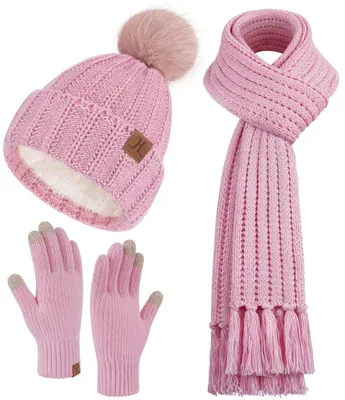 Produktbild von Damen Winter Beanie Mütze, Schal und Touchscreen Handschuhe Set