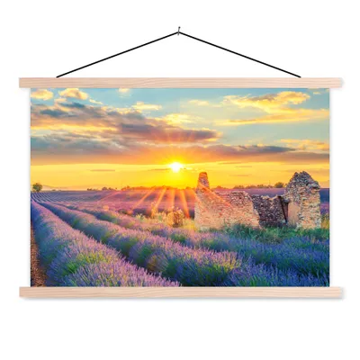 Produktbild von MuchoWow® Textilposter Lavendel - Sonnenuntergang - Ruine - Lila 60x40 cm mit holzfarbenen Rahmen - Bilder