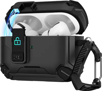 A black protective case for Apple AirPods Pro, shown open with the earbuds inside. The case has a rugged, armored appearance and includes a carabiner clip.