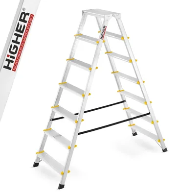 Zdjęcie produktu dla Drabina aluminiowa domowa dwustronna składana HIGHER 2x7 stopni taboret podnóżek schodek
