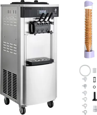 Zdjęcie produktu dla SucceBuy Komercyjna maszyna do lodów miękkich 2200 W, model wolnostojący o wydajności 20-28 l/h, 3 opcje smaku i 2 pojemniki (6 l), funkcja wstępnego chłodzenia i samoczyszczenia dla sklepów z przekąskami i deserami