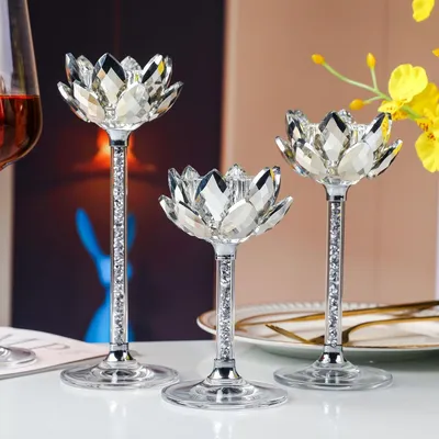 Produktbild von Kristall Lotusblume Kerzenständer Set, 3 Silberne Teelichthalter, transparenter Kerzenhalter