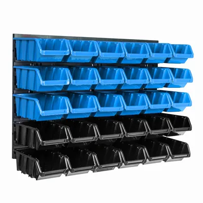 Image de Panneau à outils mural 57,6 x 39 cm avec 30 pcs. Boîtes suspendues Boîtes empilables bleues et noires