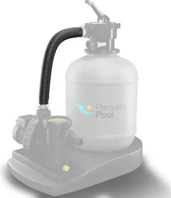 A pool pump and sand filter connected by a flexible hose, shown against a white background.