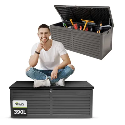 Produktbild von grindi Gartenbox 390 Liter, 143x53x57 cm, Polypropylen, Dunkelgrau, Modell Larus – Wasserdicht, Gaskolben, robust, einfache Montage, Sitzbank & Beistelltisch