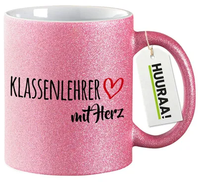 Produktbild von Huuraa Glitzertasse Klassenlehrer mit Herz 330ml Pink Keramik Kaffeebecher Geschenkidee
