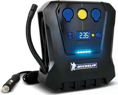 A black Michelin tire inflator with a digital display and buttons.