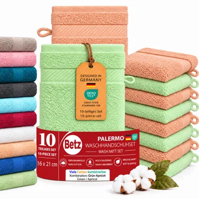 Produktbild von Betz 10 Stück Waschhandschuhe 16x21 cm PALERMO 100% Baumwolle Farbe: grün / apricot