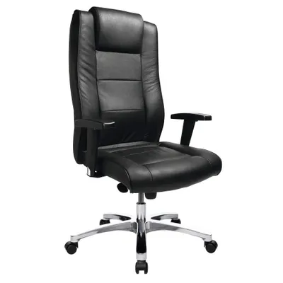 A black leather office chair is shown from the front against a white background.