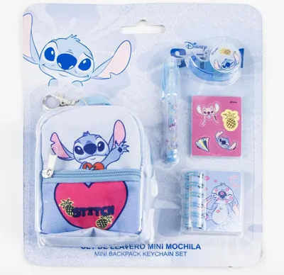 A retail package containing a Disney Stitch stationery mini-backpack keychain set.