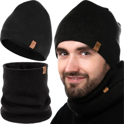 Produktbild von Herren Winterset Mütze Warme Strickmütze melliert Schlauchschal Rundschal Weiche Wintermütze Mit Thermo Fleece Gefüttert Loopschal Halswärmer 2er Set Schwarz