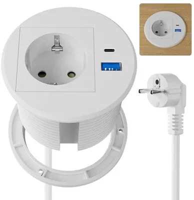 Productafbeelding van Tafelaansluiting met USB-C PD20W en USB-aansluiting, Inbouwdoos met 2 m Kabel, Wit