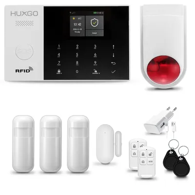 Immagine prodotto di HUXGO HXA005: Sistema di allarme wireless WiFi + GSM 4G con sirena wireless. Sistema di allarme per la casa dotato di 3 sensori di movimento PIR, 1 sensore per porte e finestre, e compatibile con l'app Tuya