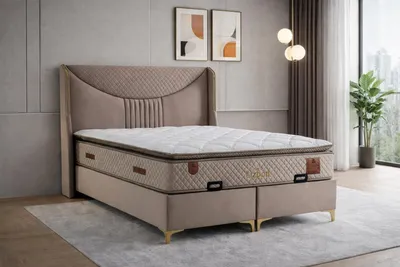 Image de Lit avec matelas, style moderne, revêtement en tissu beige, lit avec espace de rangement