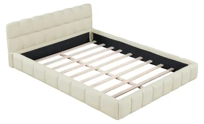 Produktbild von Modernes Bett - Polster-Doppelbett 140x200 cm - Holzgestell - Weiches gepolstertes Kopfteil - Leinenstoff - Ohne Matratze - Beige
