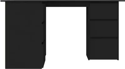 A black desk with drawers on either side and an open space in the middle.