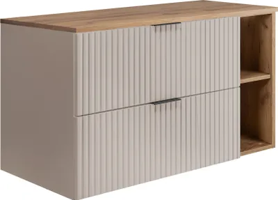 A modern bathroom cabinet with two drawers and an open shelf on the side.
