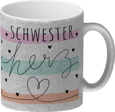 Produktbild von Herzen Glitzer-Kaffeebecher mit Spruch Schwesterherz