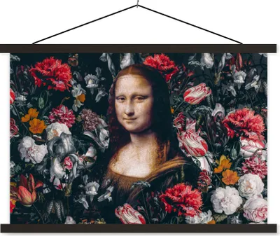Produktbild von MuchoWow® Textilposter Mona Lisa - Da Vinci - Blumen - Gemälde 120x80 cm mit schwarzem Rahmen - Wanddeko